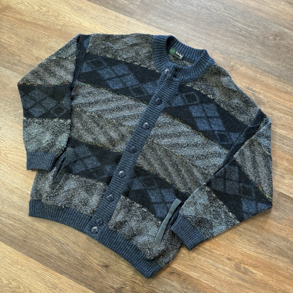 Tris Line Wool‎ Acrylic Blend Button Sweater Italy Sz 52 Grandpacore Geometric